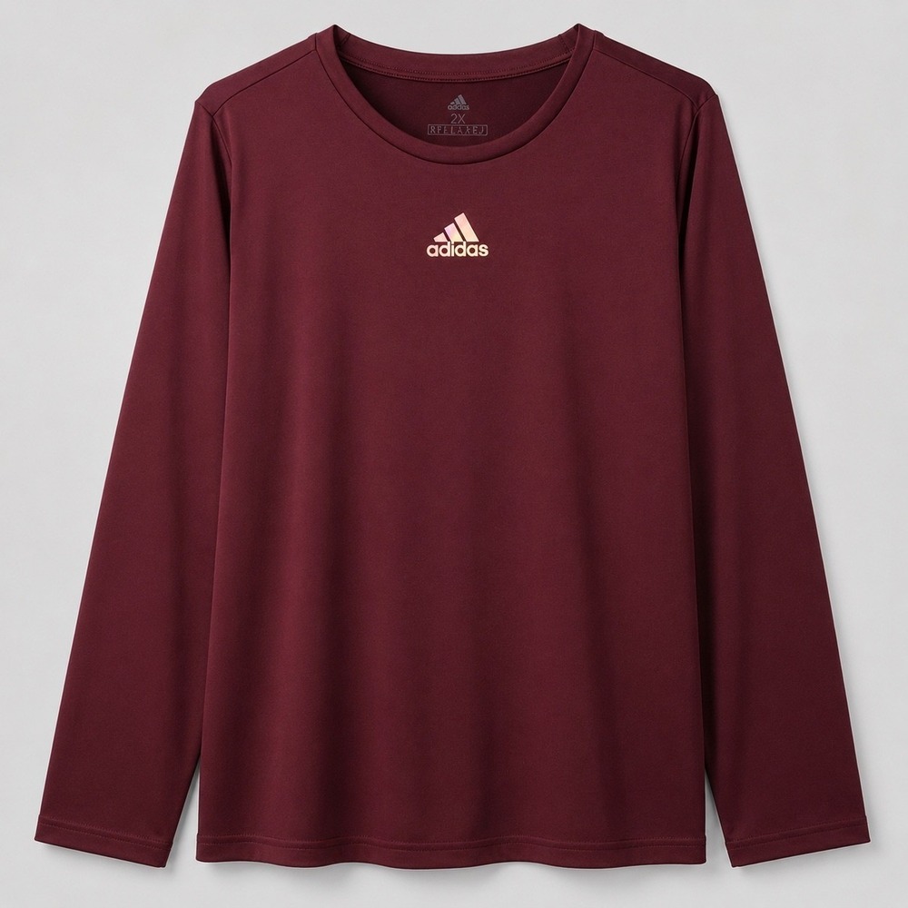 Adidas Womens 2X Long Sleeve Performance Shirt Burgundy Holographic Logo Top
